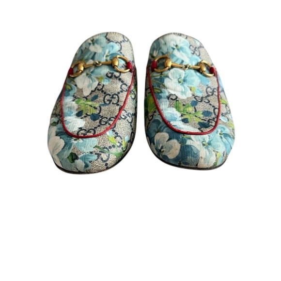 GUCCI Supreme Monogram Blooms Princetown Slippers 40 Beige Blue Navy Hibiscus - Picture 4 of 16